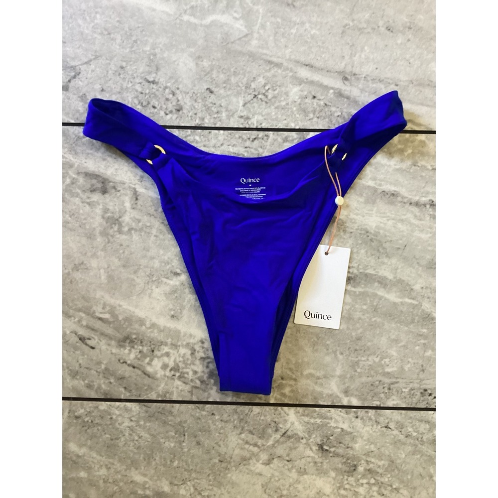Quince Royal Blue High Leg V-Front Bikini Bottom Gold Ring Hardware Size Medium